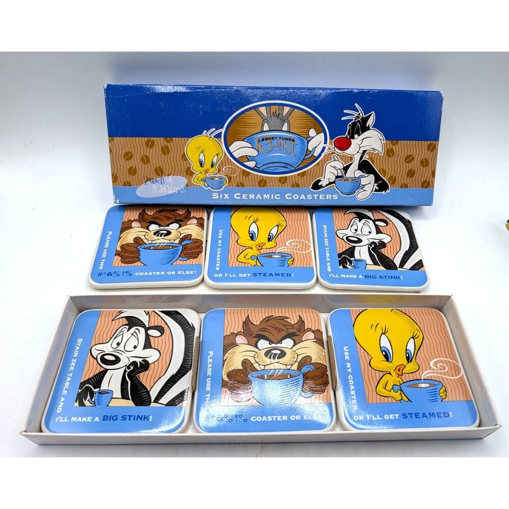 Looney Tunes 1997 Ceramic 6 Coaster Set Tweety Taz Pepe Le Pew Warner Bros Studi